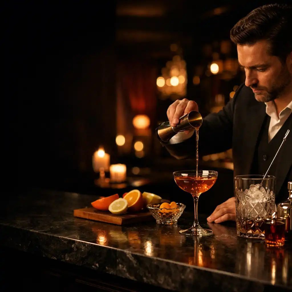 Barman préparant un cocktail sur mesure dans un bar privé aux lumières feutrées
