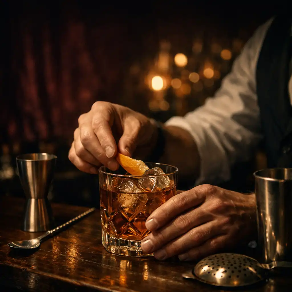 Mains préparant un cocktail dans un bar feutré