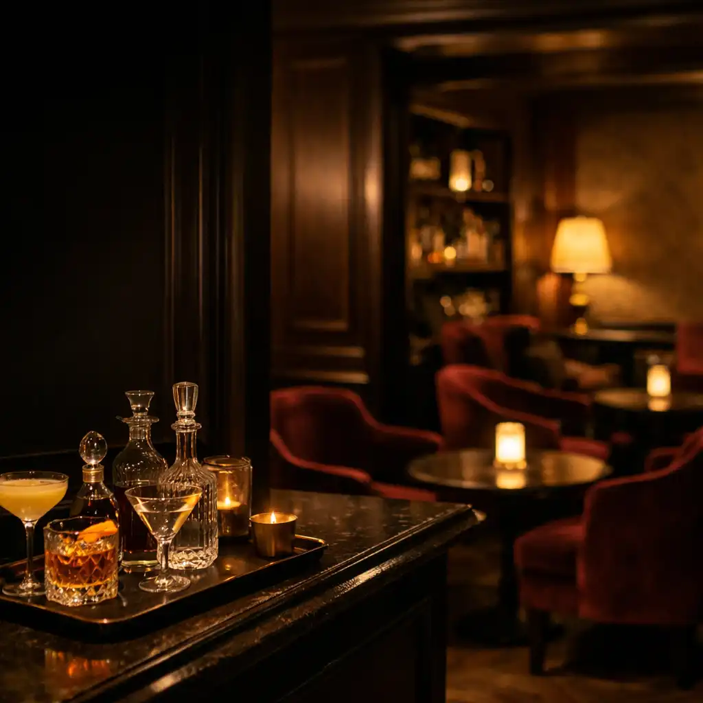 Fauteuils de velours, verrerie et cocktails artisanaux dans un coin bar attenant au salon privé
