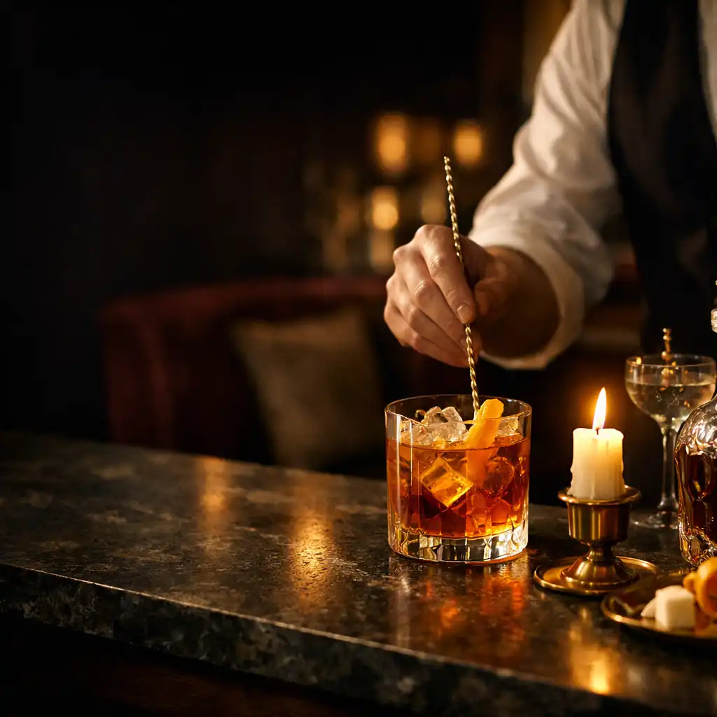 Cocktail ambré préparé sur un comptoir de bar parisien aux reflets de bougie