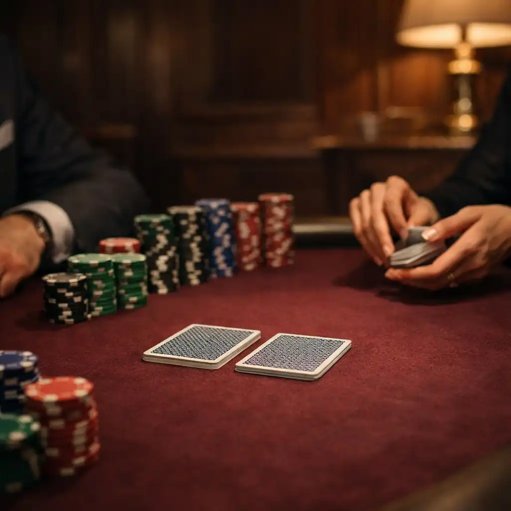 Table de cartes au feutre bordeaux avec jetons de tournoi et mains non identifiables
