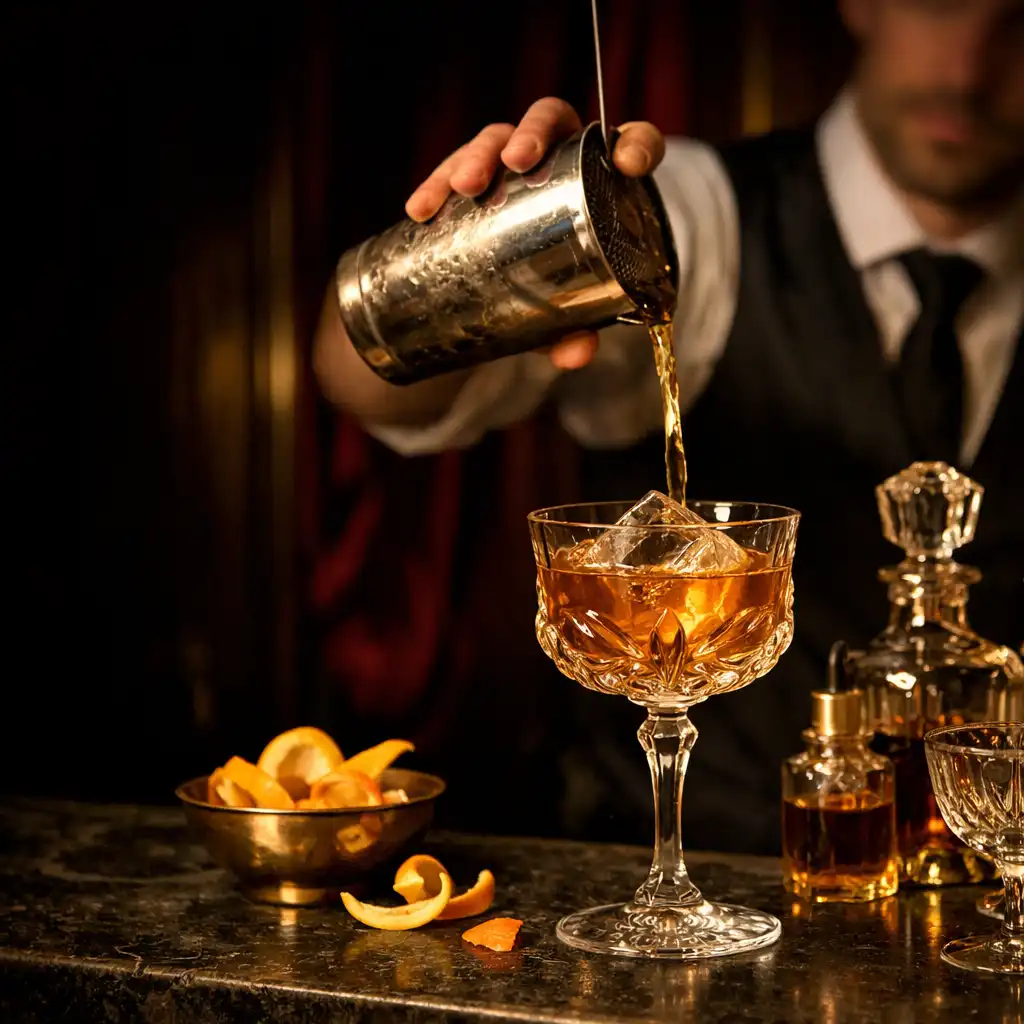 Bartender préparant un cocktail dans un bar aux tonalités de velours bordeaux