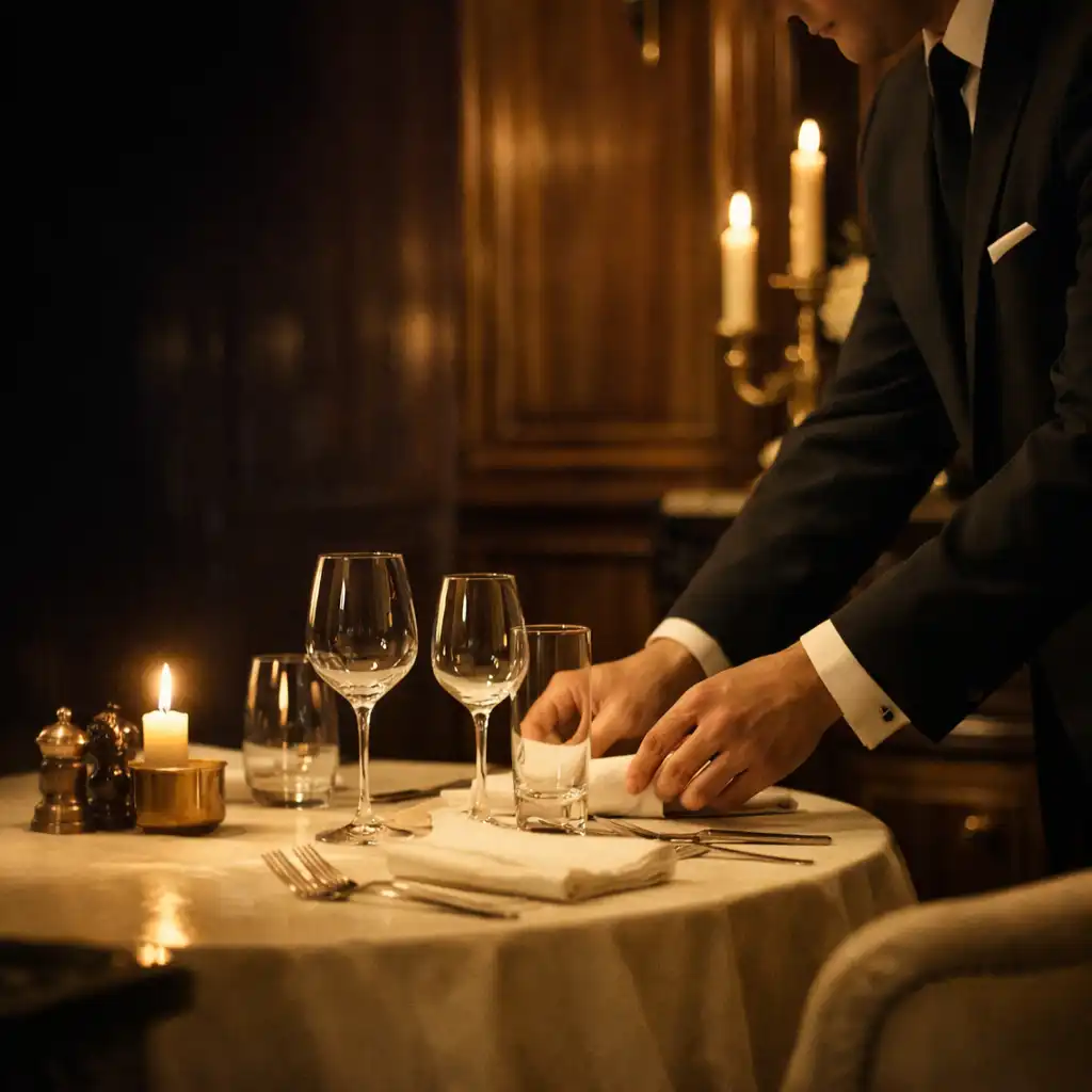 Préparation attentive d’une table par le service dans une maison gastronomique