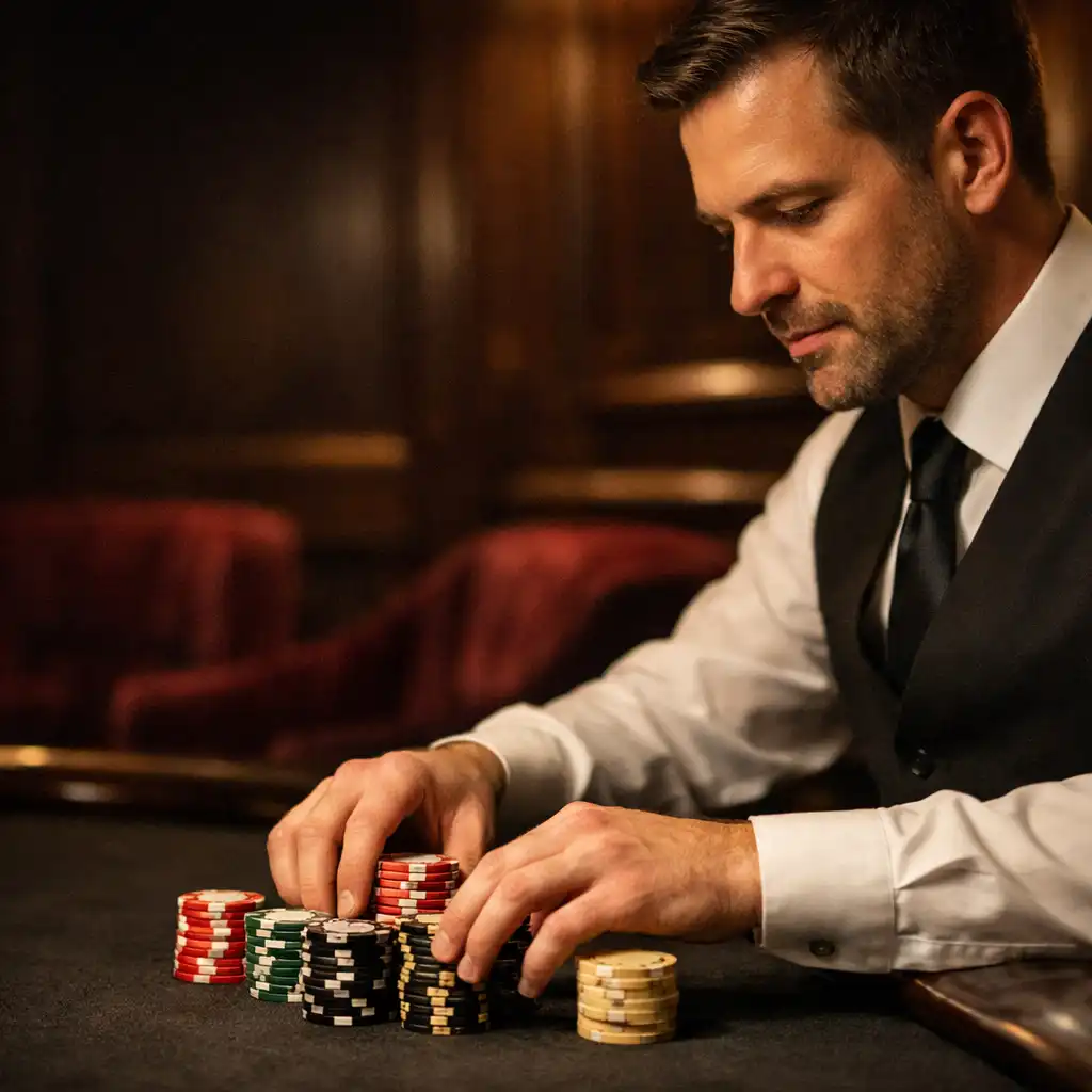 Croupier professionnel organisant des jetons de tournoi sur une table de salon privé