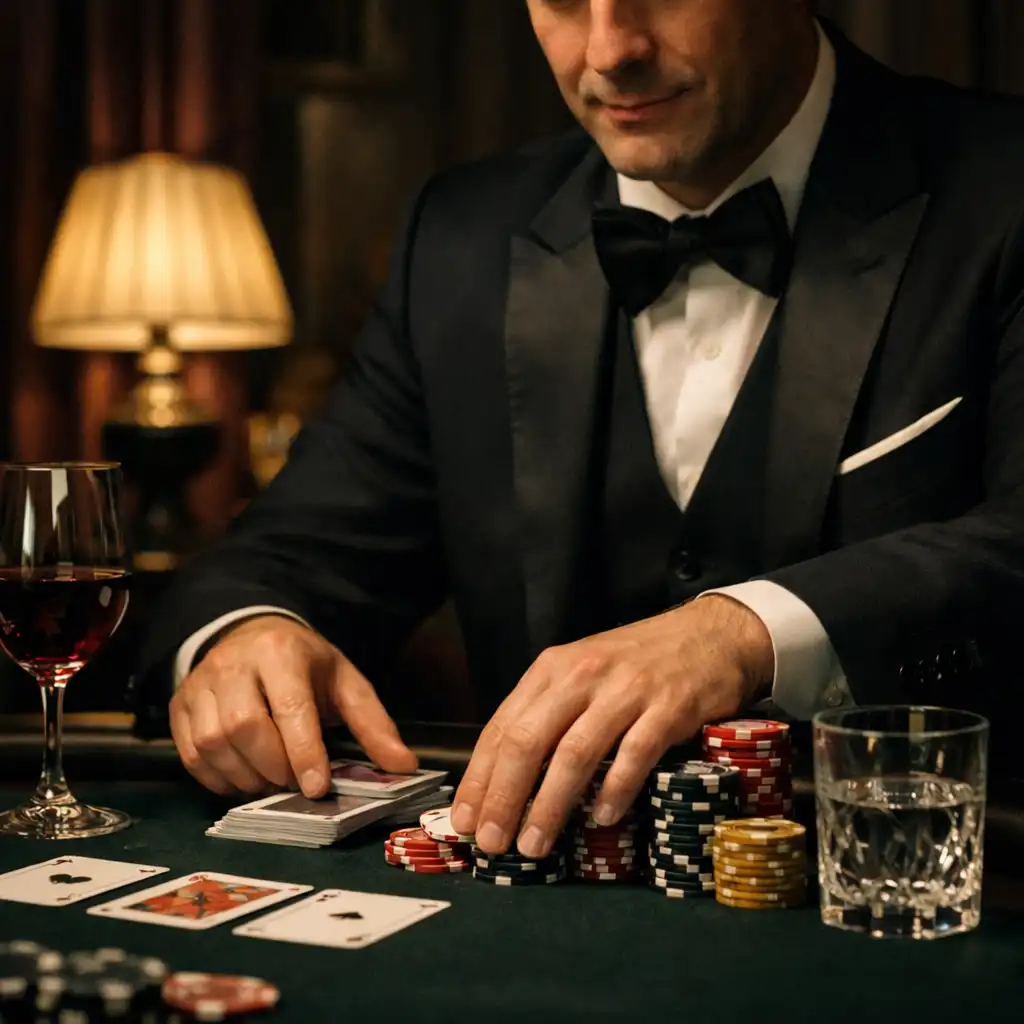 Croupier professionnel organisant cartes et jetons de tournoi sur une table de feutre dans un salon privé