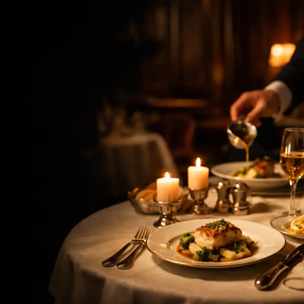 Table de gastronomie française dressée dans une salle intimiste aux lumières de bougie