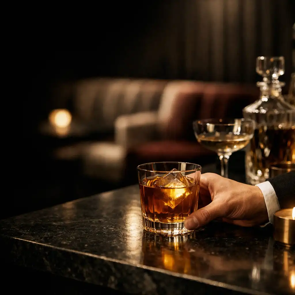 Main déposant un cocktail ambré sur un comptoir sombre
