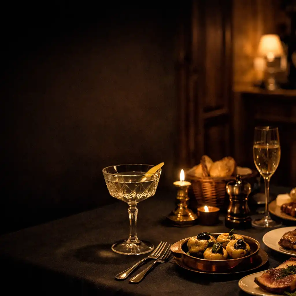 Table de gastronomie française éclairée à la bougie dans une atmosphère nocturne