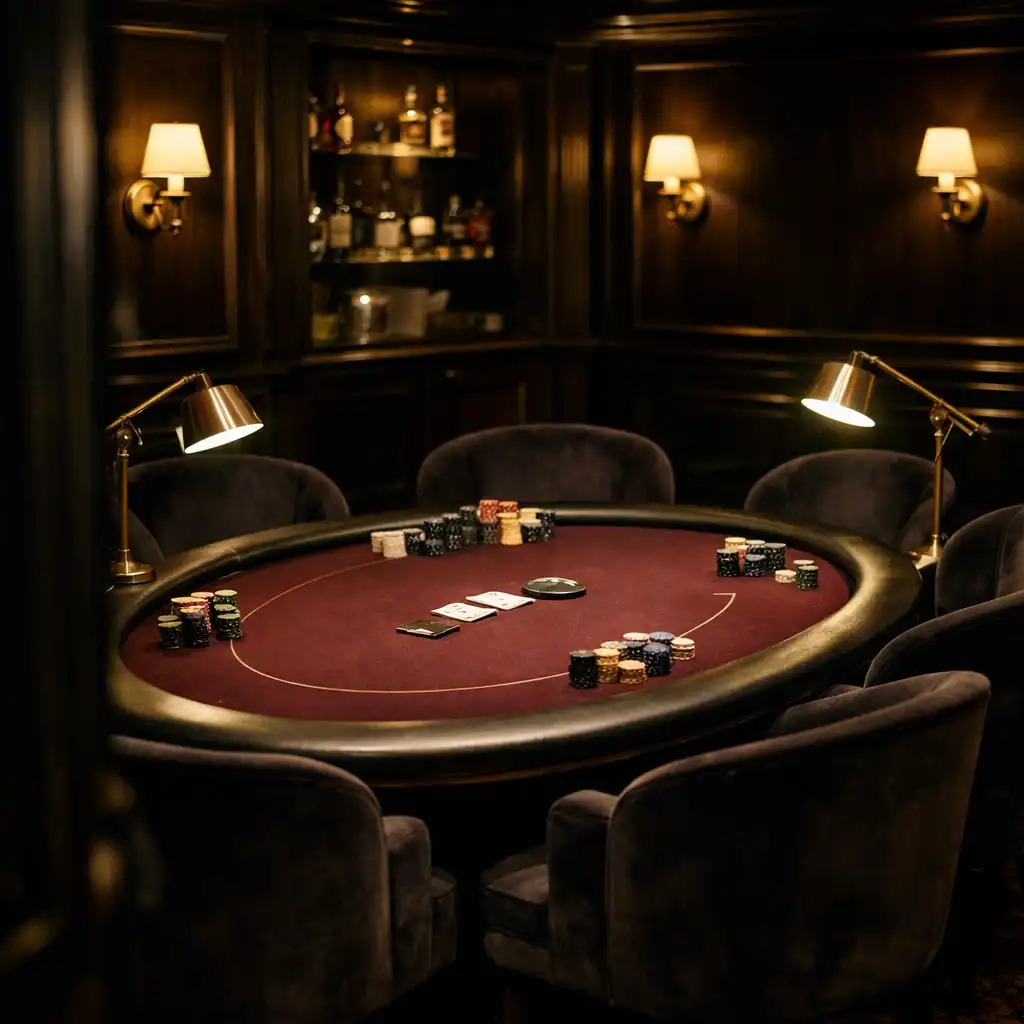 Salon privé de cartes avec table en feutre bordeaux et fauteuils en velours