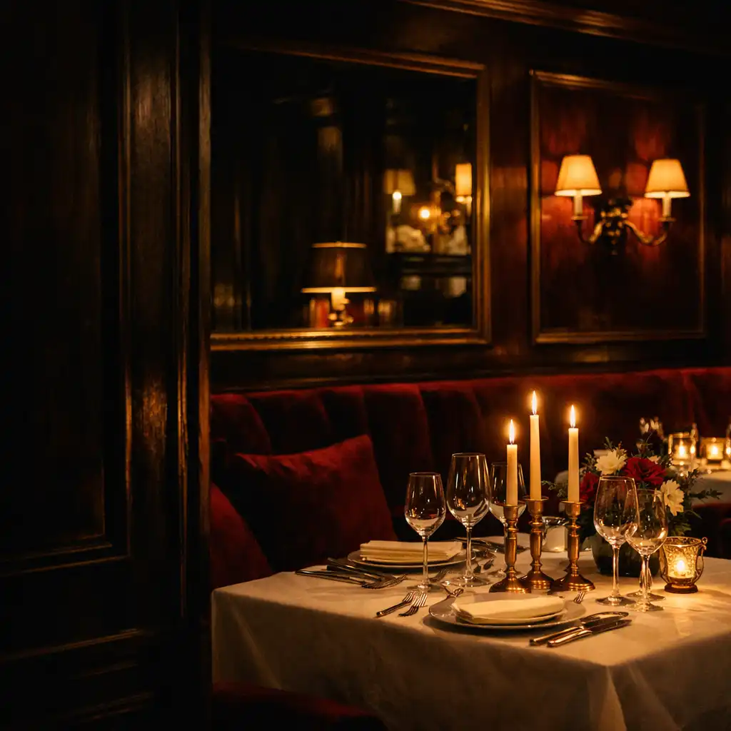 Salle de restaurant feutrée avec table dressée, chandelles et verrerie