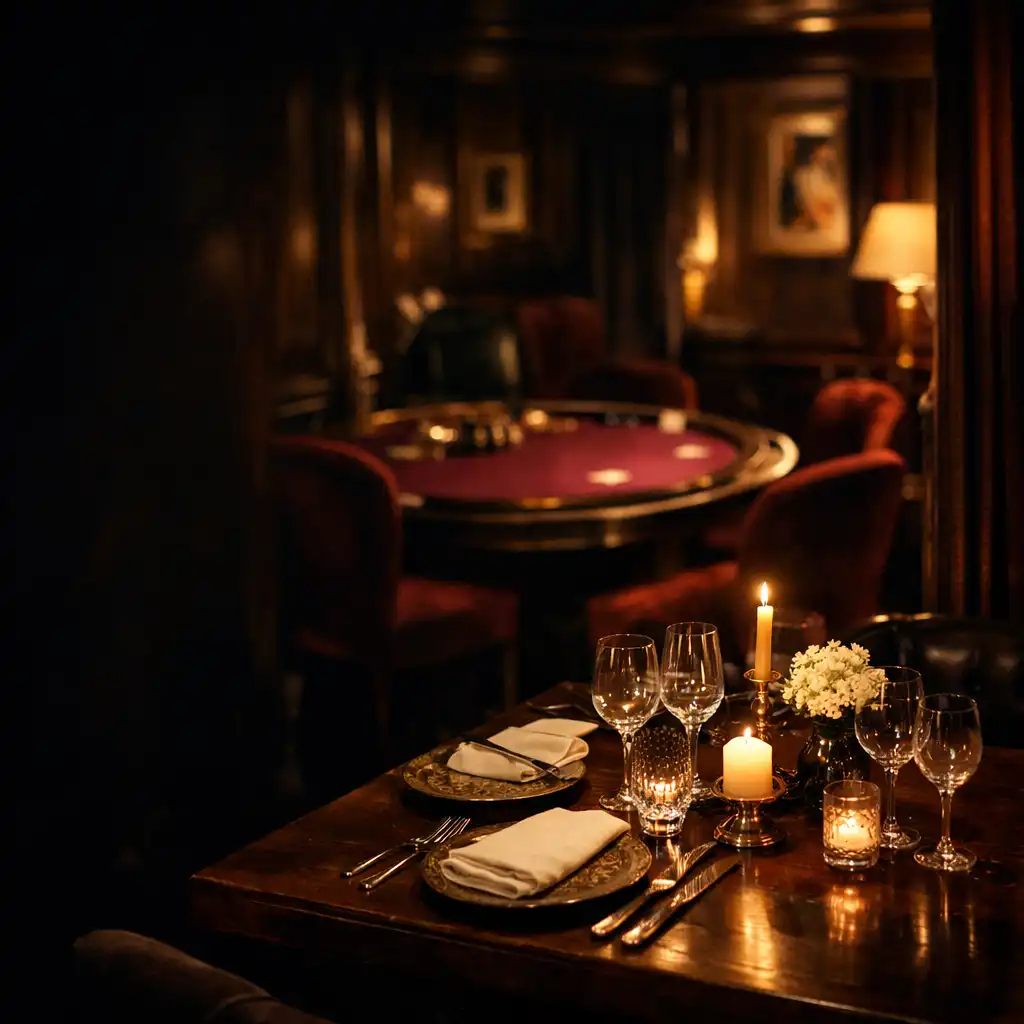 Salle parisienne de nuit avec table dressée et table de cartes au feutre bordeaux