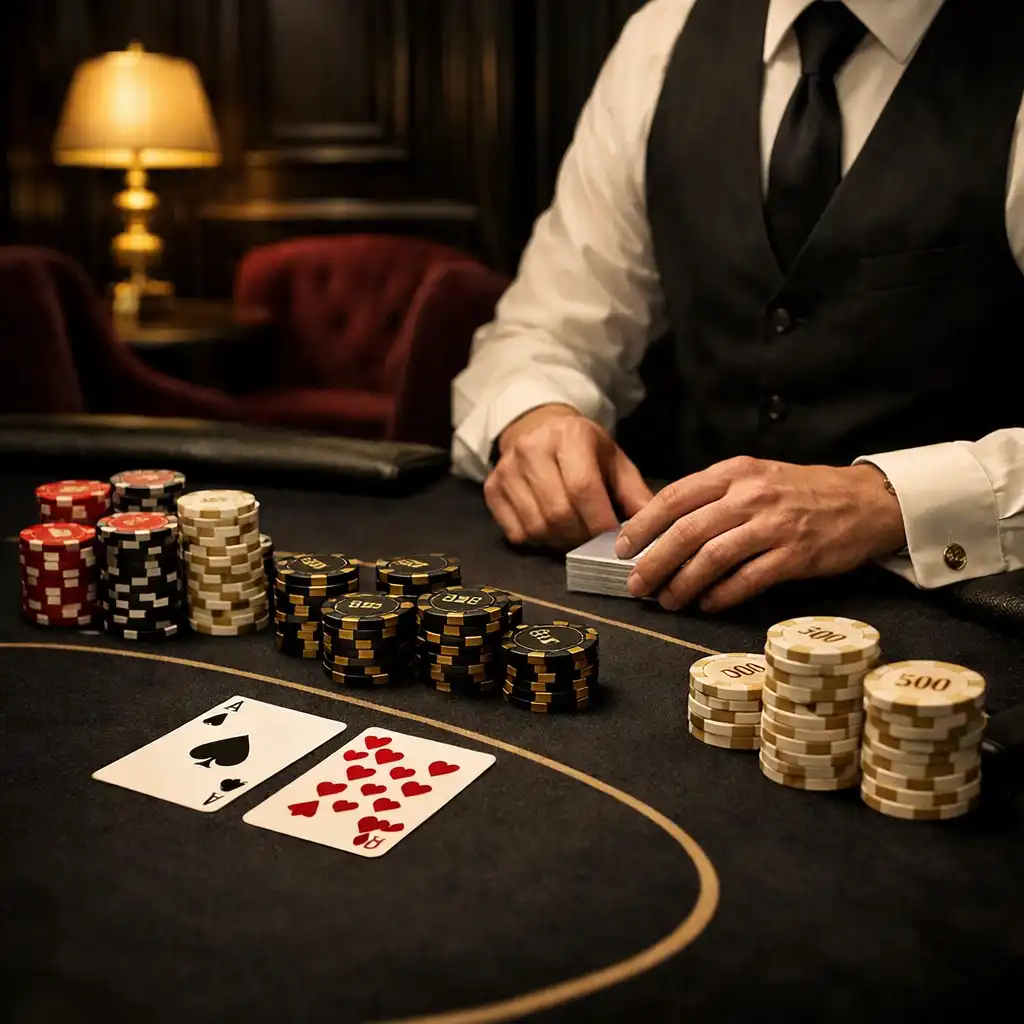 Table de poker sur mesure dans un salon privé, avec jetons de tournoi et geste de croupier