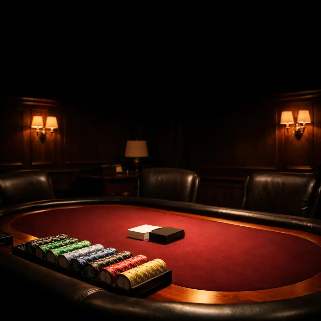 Salon privé de cartes avec table de poker au feutre bordeaux et jetons rangés