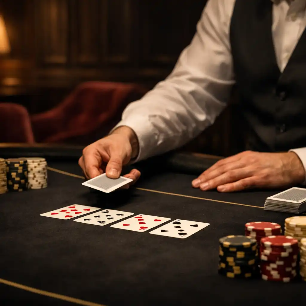 Table de poker privée avec jetons de tournoi, cartes et mains d’un croupier