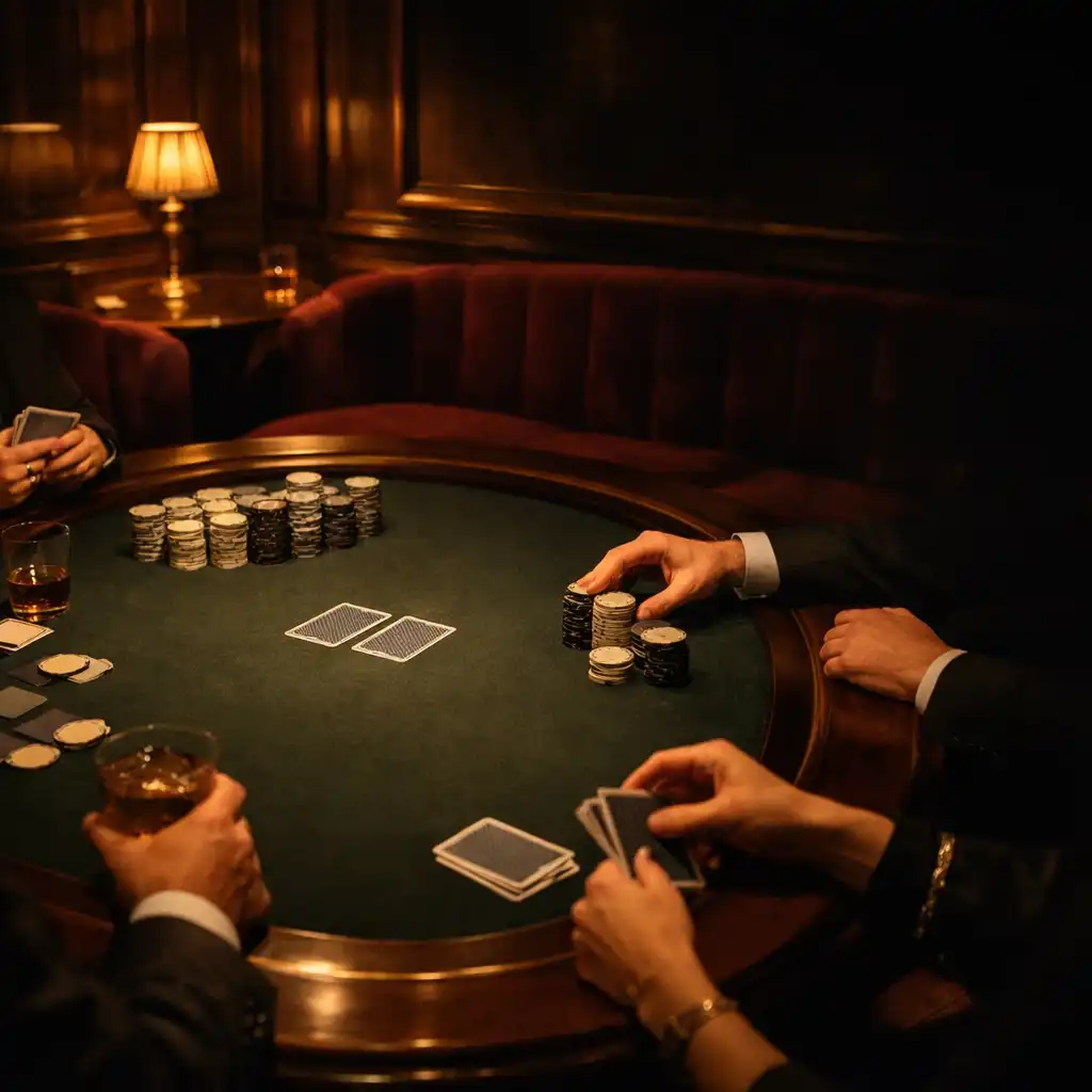 Table de cartes en feutre sombre, mains autour de jetons de tournoi et banquettes de velours bordeaux dans un salon privé