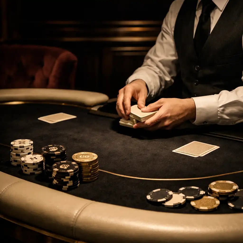 Jetons de tournoi officiels et mains de croupier autour d’une table de salon privé