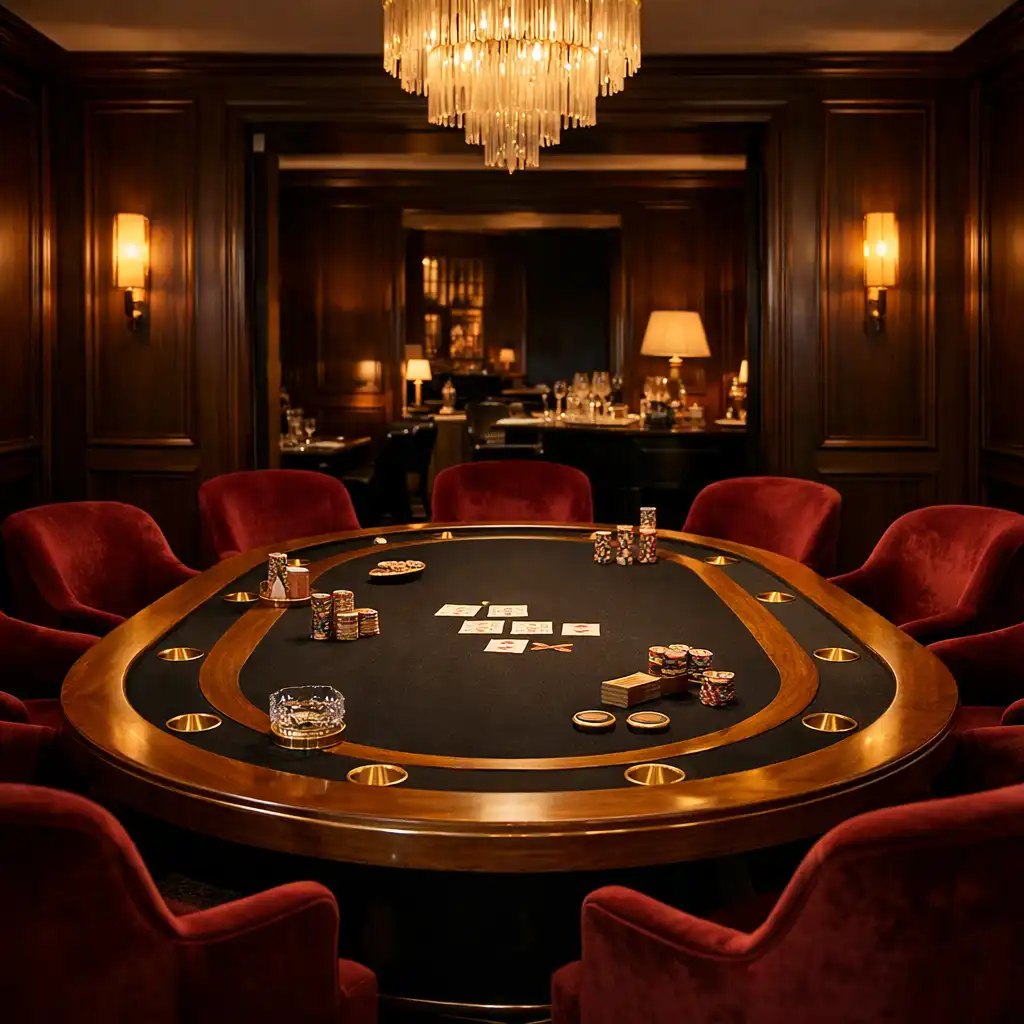 Salon VIP avec grande table de cartes, fauteuils en velours et lumière ambrée