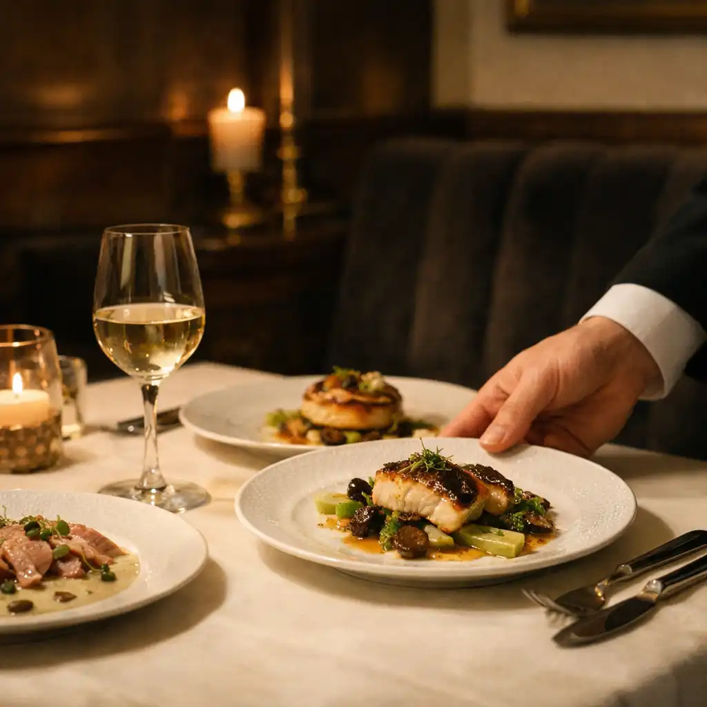 Service de gastronomie française sur une table élégamment dressée